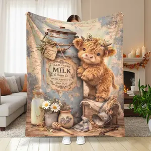 Rustic Highland Cow Flannel Blanket Vintage Farmhouse Milk Can and Daisy Floral Print Ultra Soft Warm Cozy Decorative Throw for Living Room Couch Bedroom Sofa Office Gift Decor