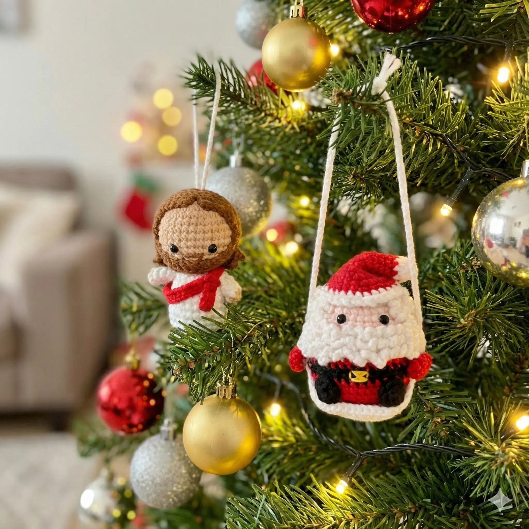 DIY Crochet Car Rearview Mirror Hanging Decor - Religious Inspirational Christmas Tree Santa Claus Ornament, Knitting Craft Gift Idea