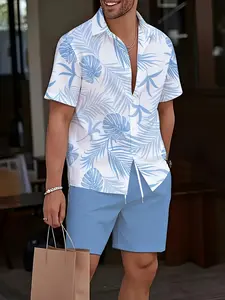 Men's Hawaiian Style Short Sleeve Shirt Set, Beach Vacation Casual, Palm Tree Print, Fitted, All Seasons, Contemporary Tee Shorts