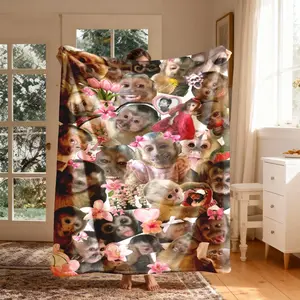 Flower Cute Monkey Patchwork Flannel Throw Blanket, Large Size, Soft Lightweight Warm, Perfect for Bed Sofa Office Camping Travel Gift, All Season Blanket