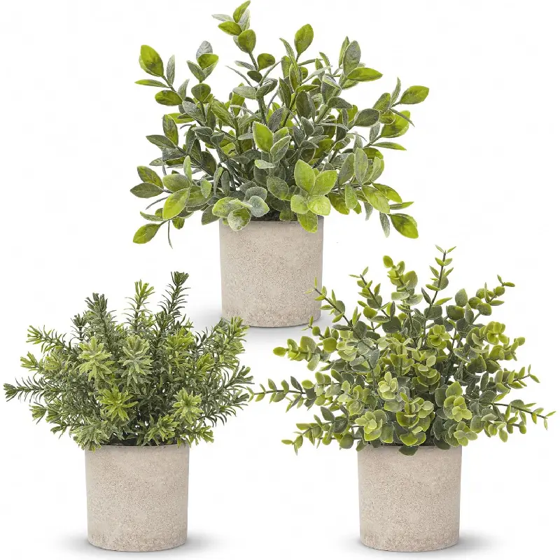 3 Pack Mini Potted Fake Plants Artificial Plastic Eucalyptus Plants Topiaries for Home Office Desk Farmhouse Shelf Room Bathroom Decor(Sage Green)