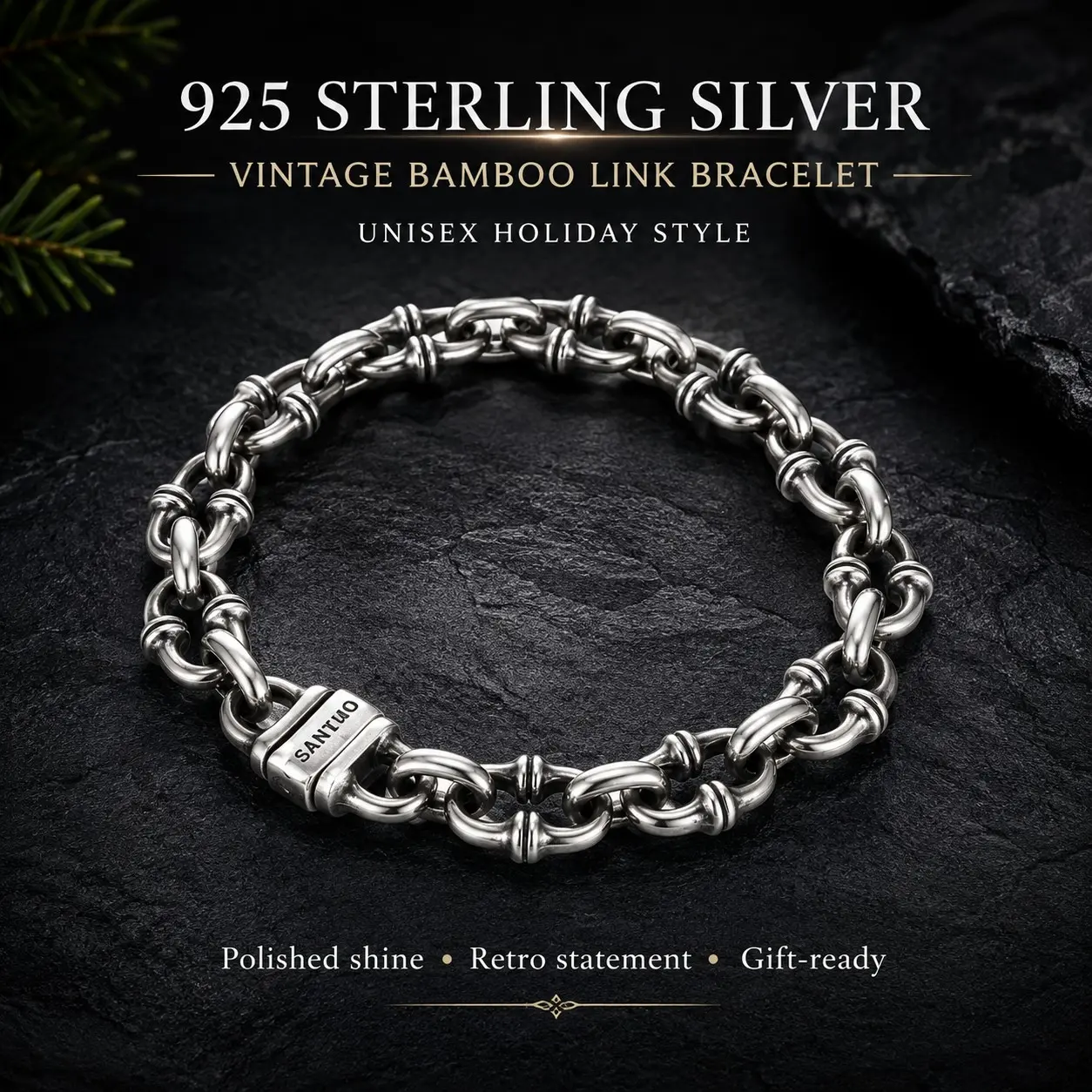 Unisex 925 Sterling Silver Bamboo Knot Artificial Fiber Joint Chain Bracelet - Anti-Fading, Skin-Friendly, Retro Vintage Punk Wristband, Holiday Gift elegant jewelry heavy duty