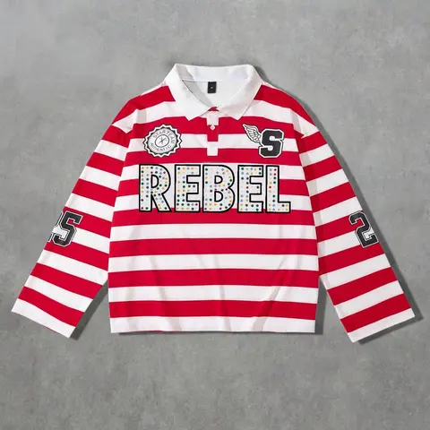 REBEL printed red and white striped polo long sleeved men's T-shirt, striped polo collar long sleeved shirt, European and American street life unisex long T-shirt ins style