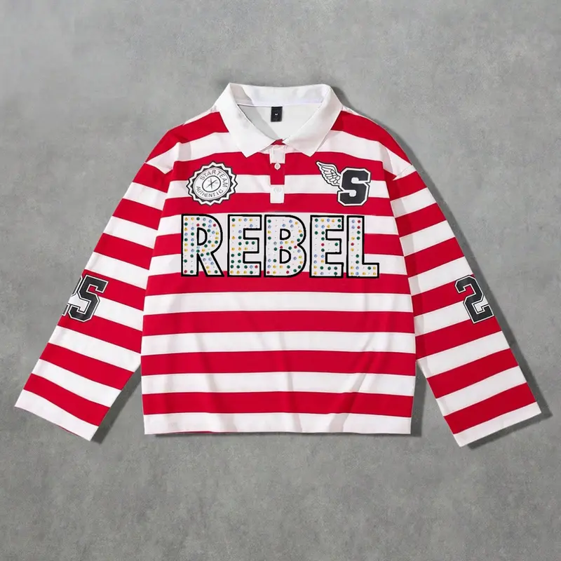 REBEL printed red and white striped polo long sleeved men's T-shirt, striped polo collar long sleeved shirt, European and American street life unisex long T-shirt ins style
