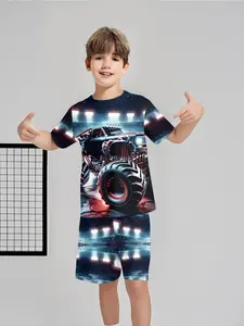 Cool Flame Giant Wheel Truck Style Boys' Children's Two-Piece Set, Short Sleeve and Shorts Set, 100% Polyester Casual Loose Fit Outfit, Fun Printed Patterns Graphic Print Set for Summer, Outdoor Sports T-Shirt Set, Perfect Gift for Boys