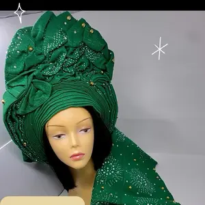 AjeboRush Pre-Tied Auto Gele Asoke with Shoulder Piece in Green Aso Oke Fabric for Easy Stylish Wear