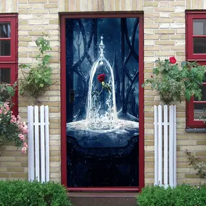 2pcs Beauty and the Beast Enchanted Rose Wall Sticker Romantic Fairy Tale Theme Decorative PVC Decal for Living Room Bedroom Door Window Home Decoration Removable Waterproof Mural Art Gift for Kids A