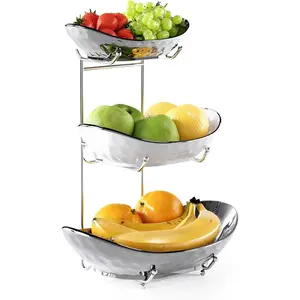 Bowl, 3 Tier Ceramic  Basket, Serving Stand Serving Bowl with Metal Rack, Porcelain Kitchen Bowls for  and Vegetable Storage Snack Nuts Dessert Cake Tray for Party Wedding
