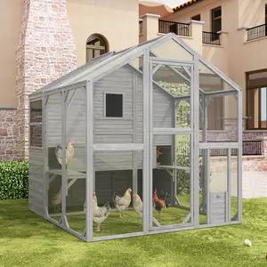 FUFU&GAGA 33.5ft² Large Wooden Outdoor Hen House, Chicken Coop Enclosure Cage Walk in Catio with 2 Layrers Acrylic Window, 2 Platforms, Rainproof & Sunproof Gable Roof