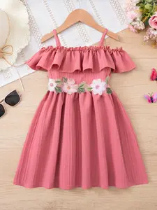 Spring Summer Girls' Shoulderless Dress, Fine Strap Ruffle Design, Waist Floral Decoration, Suitable for 1-8 Years, Party Beach Vacation Gift, Flower Dress