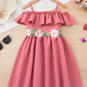 Spring Summer Girls' Shoulderless Dress, Fine Strap Ruffle Design, Waist Floral Decoration, Suitable for 1-8 Years, Party Beach Vacation Gift, Flower Dress