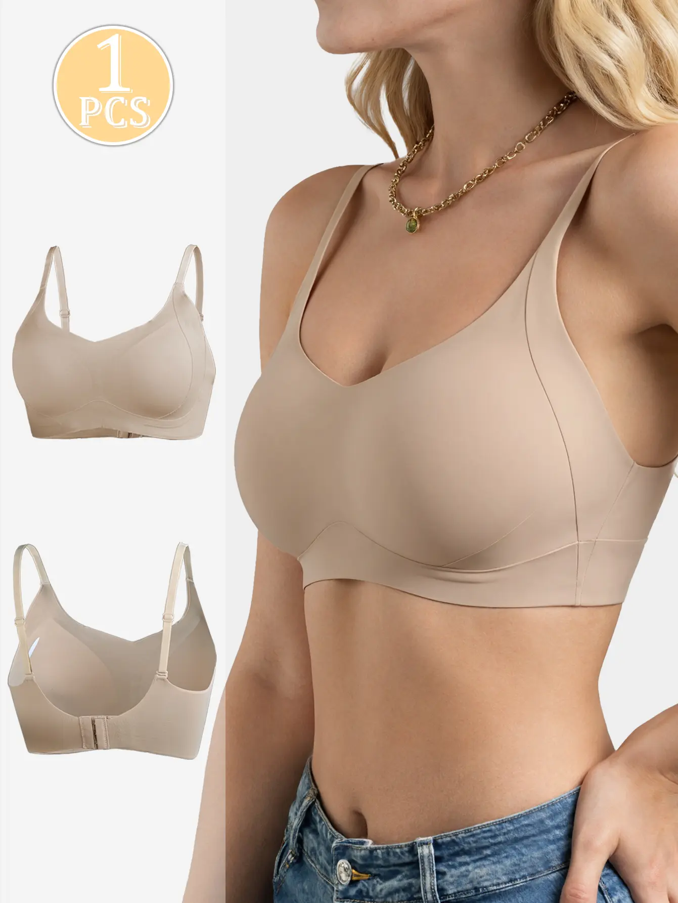 Women's 1-Pack Seamless Wireless Bras for Women, V-Neck, Full Coverage, Back Smoothing, High Stretch, Breathable, Adjustable Straps,  Light Support for Yoga & Daily Wear