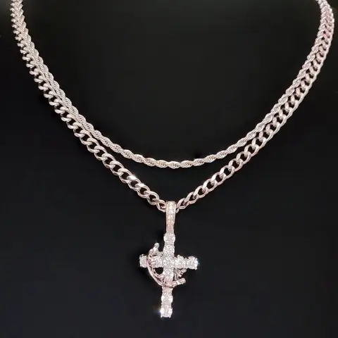 Artificial Zircon Cross with Adjustable Crown Pendant With 2 Pieces Stainless Steel  Chain, Men Women Hip Hop Punk  Pendant Necklace Fashion Vintage Jewelry Suitable for daily wear or party Lover Gift Cross Design Necklace