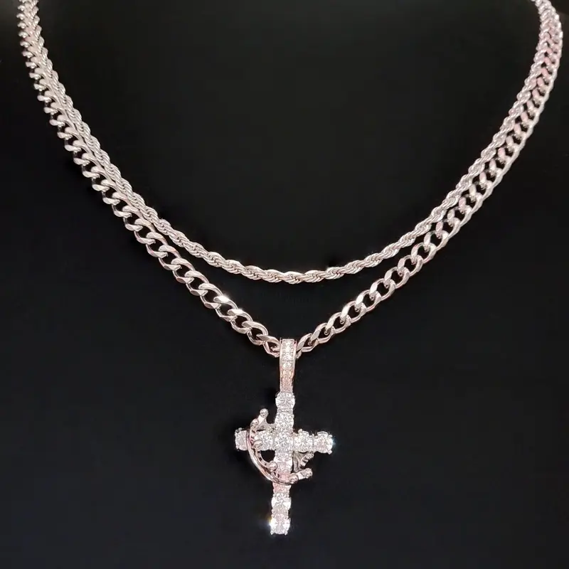 Artificial Zircon Cross with Adjustable Crown Pendant With 2 Pieces Stainless Steel  Chain, Men Women Hip Hop Punk  Pendant Necklace Fashion Vintage Jewelry Suitable for daily wear or party Lover Gift Cross Design Necklace