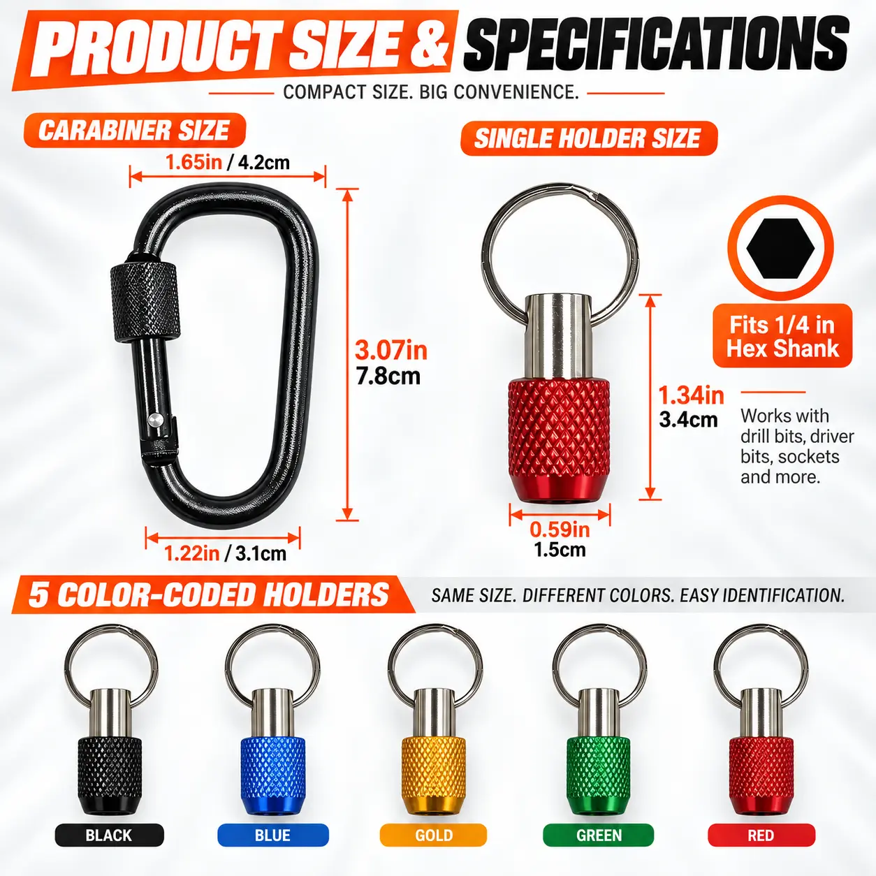 TOOLAZO 5-in-1 Drill Bit Holder Kit, 1/4 in Hex Quick-Release Magnetic Bit Holders with Carabiner Keychain Clip, Aluminum Alloy Screwdriver Bit Organizer for Drills, Impact Drivers, Pros & DIY