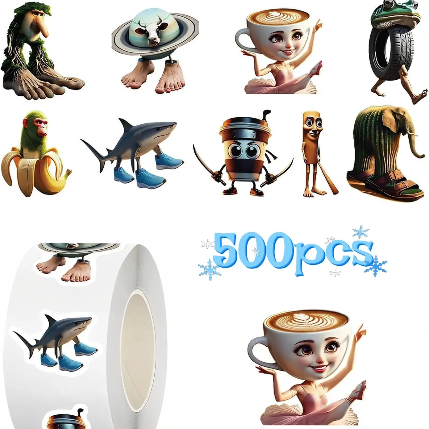 500PCS Small Brainrot Stickers Tung Tung Tung Sahur 1" Tall Tralalero Tralala Italian Brain Rot Sticker for Water Bottle, Laptops, Kids Party Favors, Funny Stickers