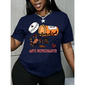 100% cotton women's short-sleeve top with ANTI DEPRESSANTS print, round neck, comfortable, soft, breathable, suitable for spring, summer, and autumn, versatile women's top