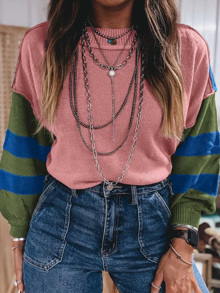 Women’s Western Patchwork Striped Sweater, Relaxed Fit Crew Neck Long Sleeve Pullover with Contrast Sleeve Design, Casual Everyday Knit Top for Fall and Winter ,Womenswear,sohochic