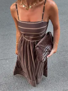 Women's Striped Print Casual Vacation Tank Dress, Colorblock High Waist A-Line Long Skirt, Tank Dress, French Vintage Slim Fit