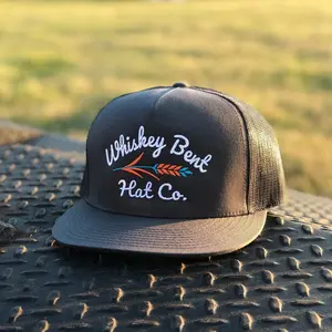 WHISKEY BENT HAT CO. Black Mesh Back Flat Bill Trucker Hat - Adjustable Snap Closure