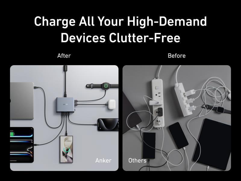 Anker Prime Charger, 250W 6-in-1 GaN Charger with Smart LCD, Ultra-Fast Charging for MacBook, iPhone 17, iPad, and More (Silver)