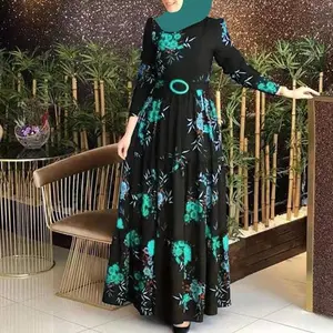 2025 New Middle Eastern Style Printed Mid-Waist Long Dress, Available in Four Colors, Elegant Commuter Style, Four-Way Stretch, Wool-Free, Ideal for Work