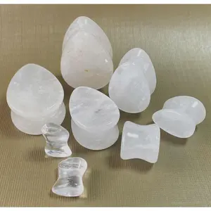 PAIR Clear Quartz Natural Stone Tear Drop Double Flare Plugs Organic Gauges