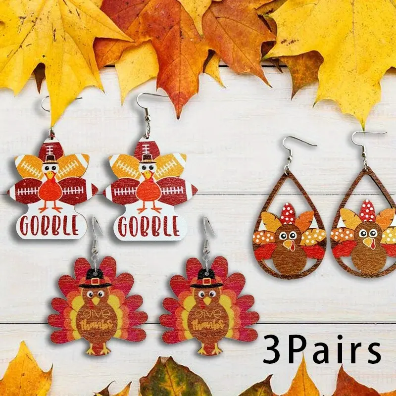 Women's 3-Pair Minimalist Turkey Theme Wooden Earrings Set Part 3 - Fall Harvest Thanksgiving Costume Jewelry Fashion Accessories for Females