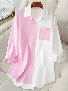 Women's Colorblock Pocket Button Front Curved Hem Shirt, Casual Button Down Long Sleeve Top for Summer, Ladies Clothes for Daily Wear
