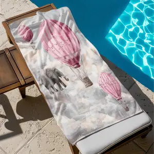 1 piece Pink hot air balloon and flying elephant dreamy scene themed beach towel - Super soft flannel blanket in modern style, suitable for sofas and beds, all-season use, digitally printed pattern, 100% polyester material, machine washable