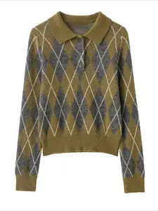 Women's Polo Neck Long Sleeve Lightweight Knit Top, Button Front Elastic Hem Colorblock Short Fit Diamond Pattern Sweater