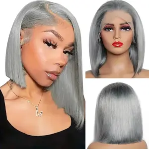 Silvery Grey 13x4 Short Bob Wig Human Hair Pre Plucked With Baby Hair 10-16inch 180% Density Transparent Lace Straight Bob Wig For Women