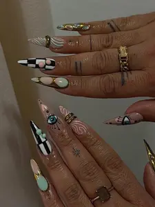 Abstract Eye Press On Nails | Gold Accent Art | Long Stiletto Handmade Luxury Nails