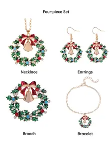 Christmas Wreath Bell Jewelry for Women, Enamel Green Holly Red Bow Gold Tone Necklace Brooch Earrings Bracelet with Rhinestone, Festive Xmas Holiday Party Gift for Her, Cute Christmas Costume Accessory, Alloy Material, Perfect for Christmas Gift Giving &
