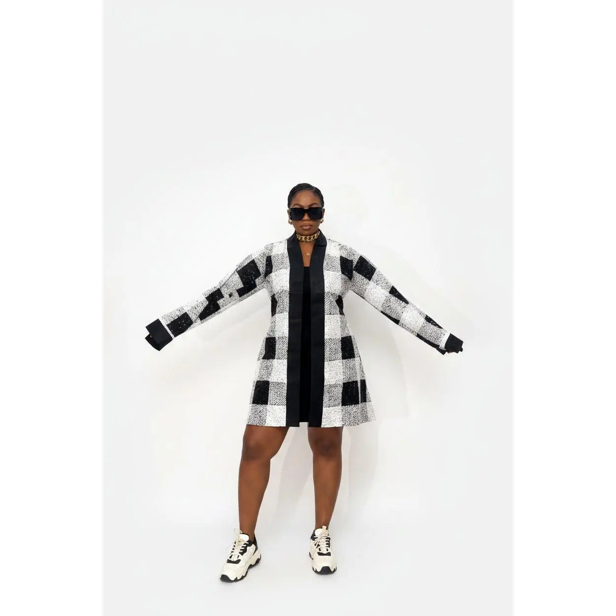 Women's Islamic Modest Fashion 100% Cotton Ankara & Aso Oke Belted Flare Mini Kaftan Dress - Long Sleeve, Adjustable Belt, Exaggerated Bell Sleeves, Side Pockets, Casual Wear, Luxury Monochrome Fabric
