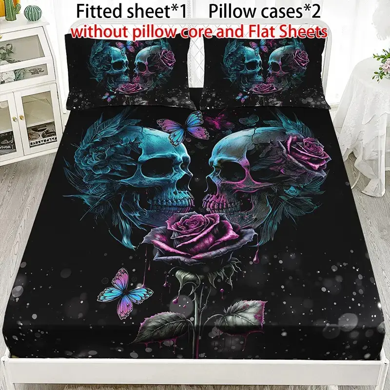 3-Piece High-Definition Art Print Breathable Sheets Fitted Sheet Set, Breathable Durable Bedding, Includes 1 Fitted Sheet & 2 Pillowcases, Multiple Sizes Available, Durable