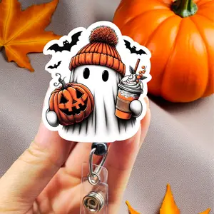 Pumpkin Spice Badge Reel, Xray Girl Creations, Halloween Badge Clip, Spooky Ghost ID Holder, Cute Badge reel for nurses, xray techs and hospital workers. Retractable swivel clip with a 360 rotation.  Badge pull