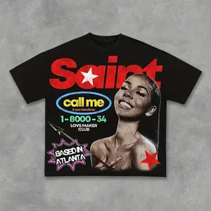 [Vintage Cotton Tee] 100% Cotton Men's Vintage "Saint" Graphic T-Shirt | Short Sleeve, Black with Bold "CALL ME" Print & Red Stars, Casual Summer Tee, Perfect Gift for Boyfriend, Vacation, Party, or Date