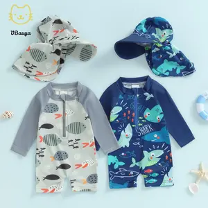 Toddler Boy Rash Guard Swimsuit with Hat 2 Pcs Set Fish Shark Pattern Zip Up Long Sleeve Crew Neck Baby Boy Swimwears