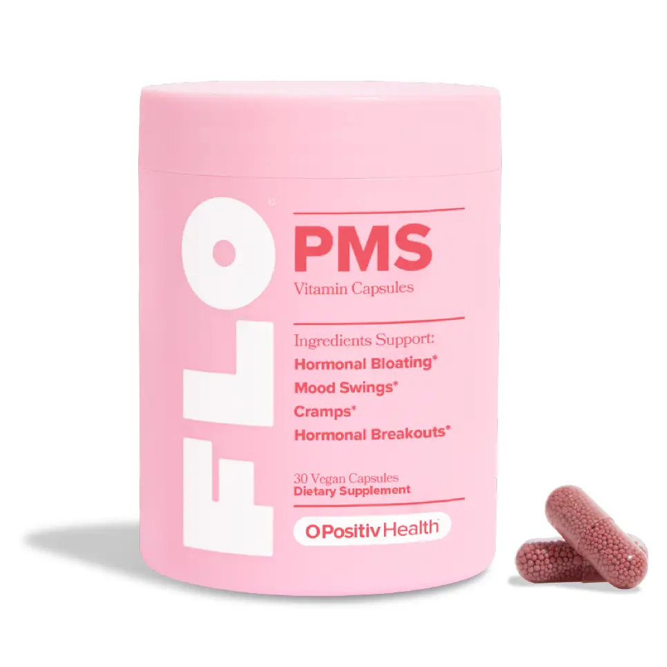 FLO PMS Vitamin Capsules for Women, 30 Servings (Pack of 1) - Proactive PMS Relief - Targets Hormonal Breakouts, Bloating, Cramps, & Mood Swings with
