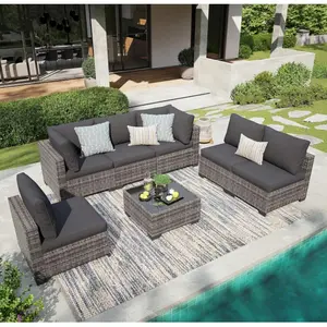 7 Outdoor Terrace Furniture Kits, Wicker Outdoor Dialogue Sofa Kits, Adjustable Back Sofas, Including Cushions And Coffee Tables, Suitable For Garden, Courtyard, Deck (Dk Gray)