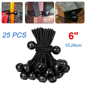 SJPACK 25 PCS Black Ball Bungee Bungie Cord Canopy Tarp Tie Downs Straps Heavy Duty 6"/15.24cm Rope