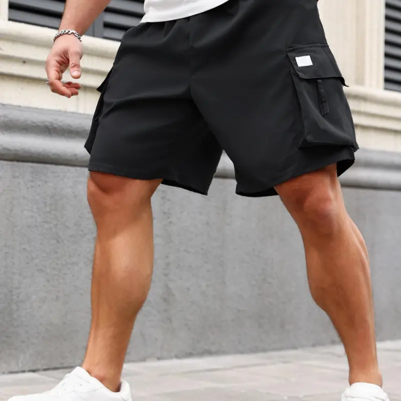 Men's Plus-Size Solid Flap-Pocket Cargo Shorts with Elastic Waist, Casual Fitted Shorts for Daily Outdoor Wear, Casual Streetwear Shorts for All Seasons, Men's Bottoms