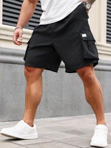 【plus size】 solid flap pocket cargo shorts, casual fabric plain elastic waist shorts for daily outdoor streetwear, summer shorts, plus size men's bottoms for all seasons, shorts for men, cargo shorts men, street style menswear