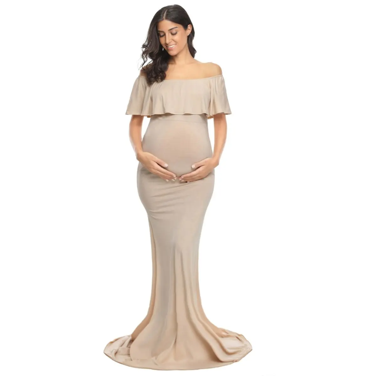ECAVUS Women's Ruffled Off-Shoulder Maternity Maxi Dress, Slim Fit Rayon Gown for Photography and Baby Showers, Elastane