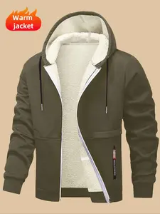 Men's Regular Fit Solid Plain Pocket Drawstring Zip Up Fleece Hooded Jacket Coat, Casual Long Sleeve Zip Front Outerwear for Fall & Winter, Men's Clothes for Daily Wear