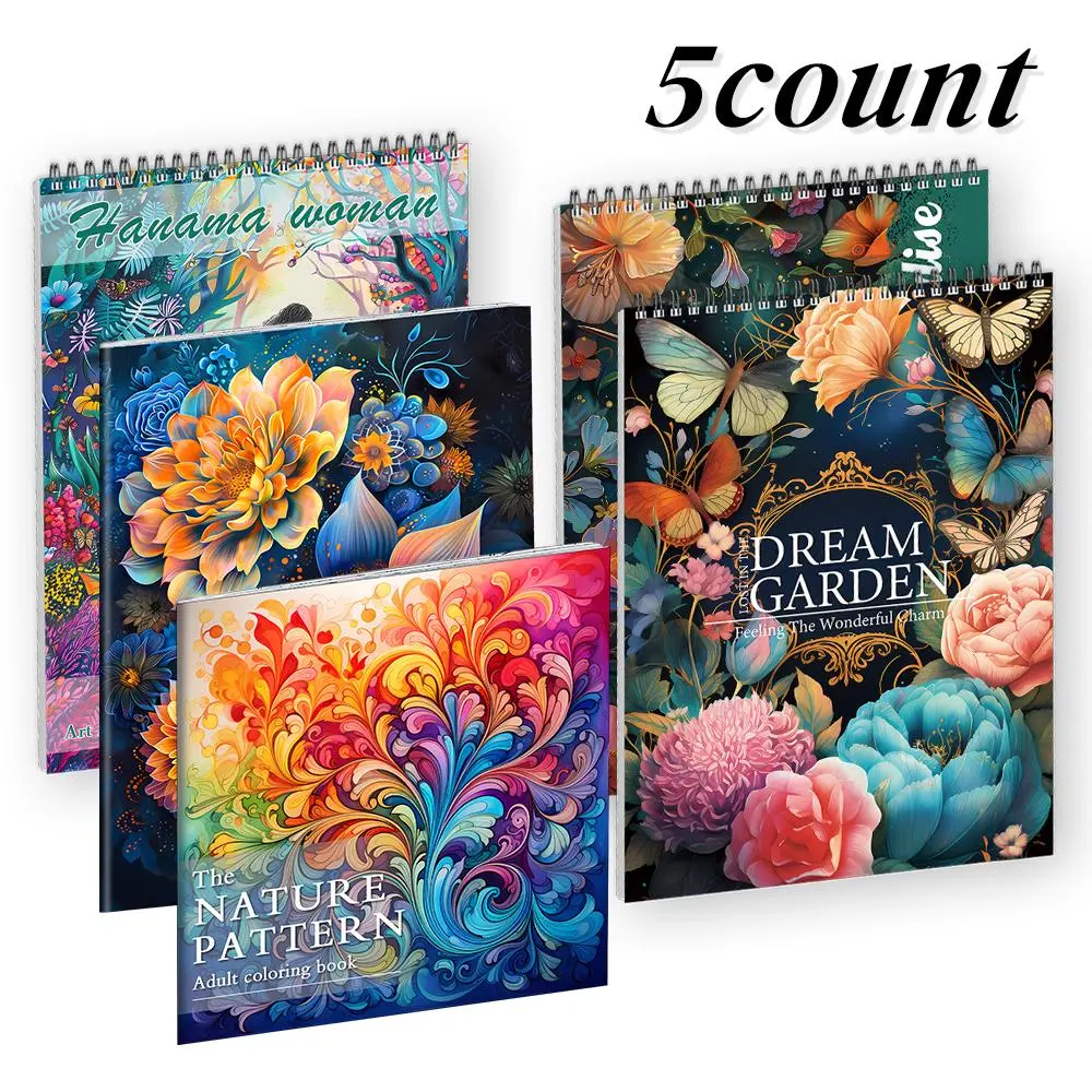 Flower Pattern Coloring Book, 5 Counts/set Flower Pattern Stress Relief Coloring Book, Art Supplies for Adults & Teens
