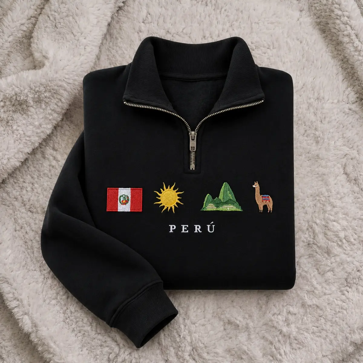 [MADE IN US] Peru Embroidered Quarter Zip Pullover, Peru Flag Sweatshirt, Peruvian Travel Gift, Machu Picchu Inspired Pullover, South America Heritage Clothing, Peru Lover Gift, Peruvian Culture Apparel