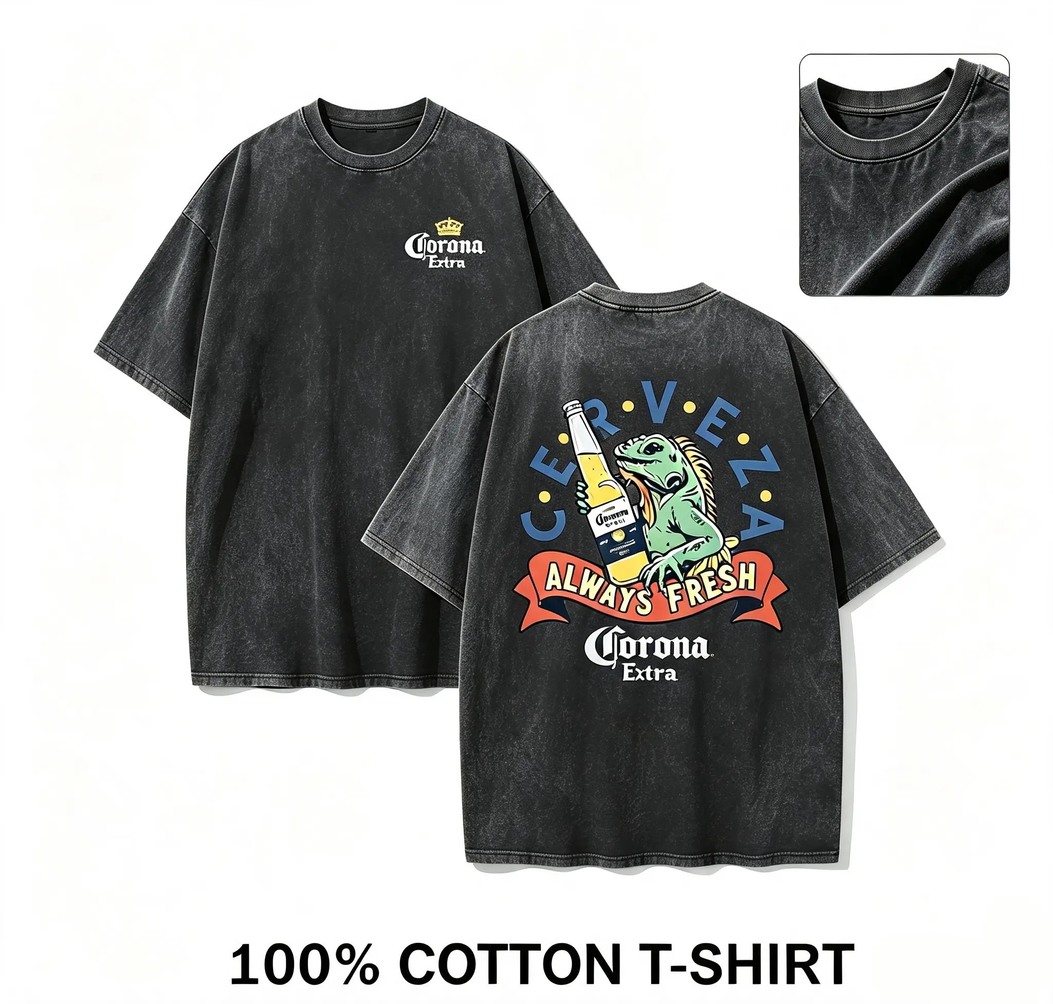 Men's 100% Cotton Retro Oversized Loose Shortsleeve T-Shirt - Menswear Top, Front Beer Brand Logo Print, Back Iguana Cerveza Always Fresh Graphic, Streetwear, Daily Casual Outfit