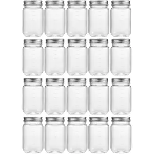 16 oz Clear Refillable Plastic Mason Jars with Lids, Storage Containers for Kitchen & Household Use, 20 Pack Silver